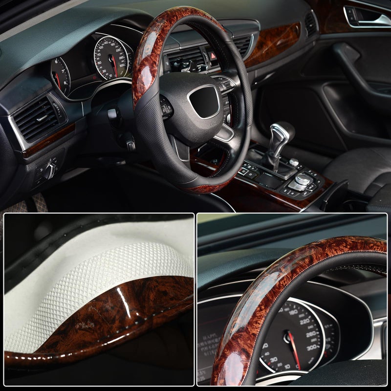 KAFEEK Wood Grain Steering Wheel Cover, Universal 15 inch, Microfiber Leather,Anti-Slip, Odorless - Image 4